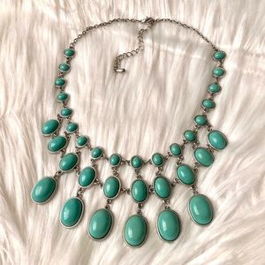 Lia Sophia Layered Green Stone Statement Bib Necklace Silver Tone
